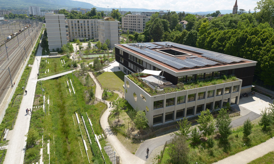 Die Versickerungsmulde und die Grundschule von Pont-Rouge. Fotos: Adrien Buchet, Stadt Lancy